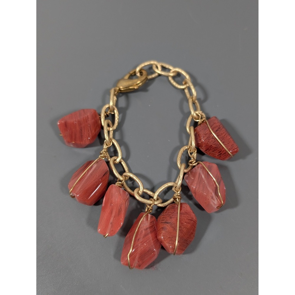 Deep Peach Glass‎ Bead Charm Bracelet Gold Tone 7.75 Inch